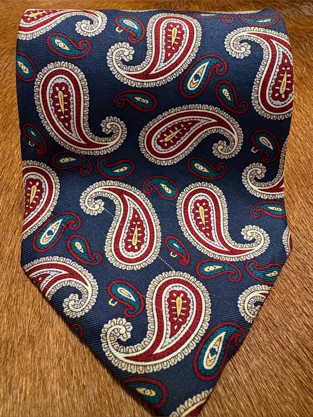 Dior Navy Silk Paisley Tie with Red, Gold & Teal Accents
